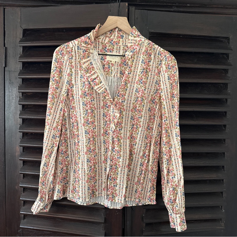 Sezane Floral Stripe Ruffled Cream Blouse with Pink & Blue Accents